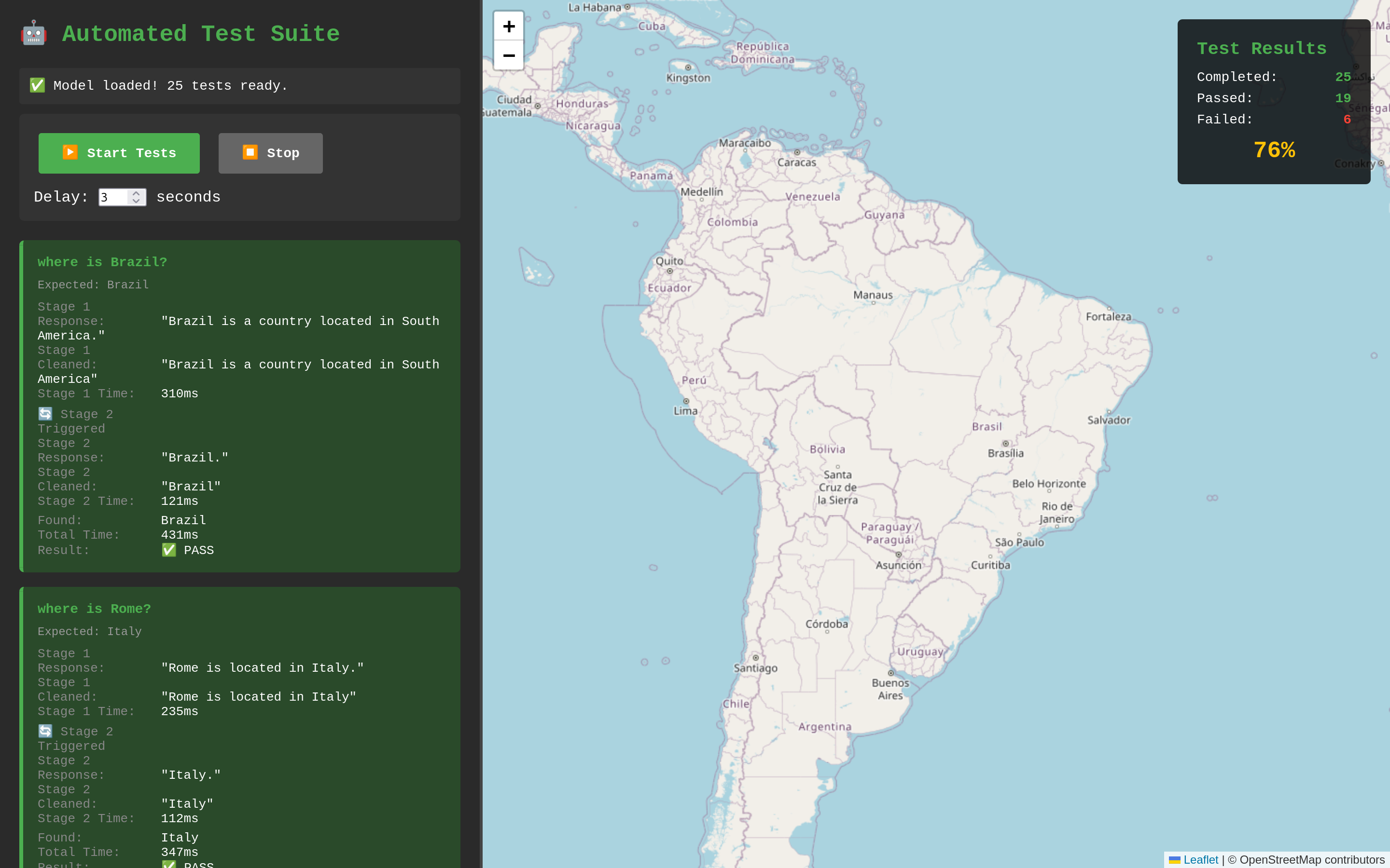 Automated test suite showing 76% pass rate with detailed stage 1 and stage 2 processing logs