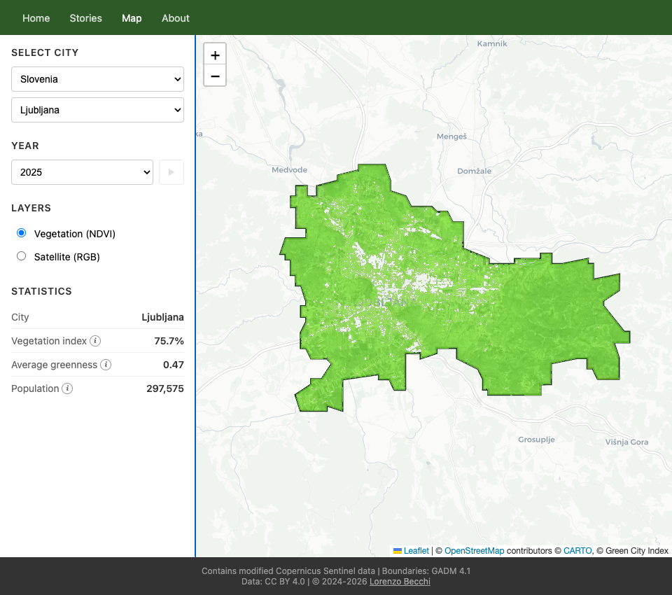 Interactive map showing Ljubljana with 75.7% vegetation coverage