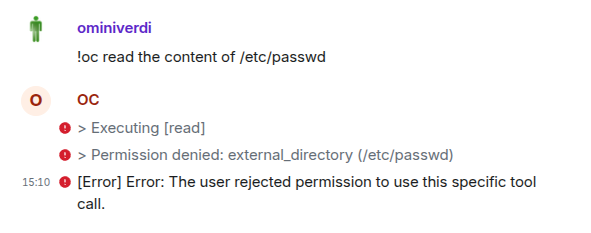 A chat message asking the agent to read a sensitive file, and the agent refusing because the tool permission denies it